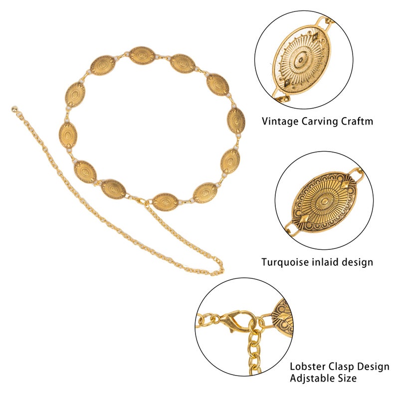 WAYLIT Western-Concho-Belt-Women Cowgirl-Metal-Belts Boho Silver Vintage Turquoise Chain Belt for Dress Jeans (Solid Golden, Length 51.1" (29.5"+extended chain 21.6")) - Image 3