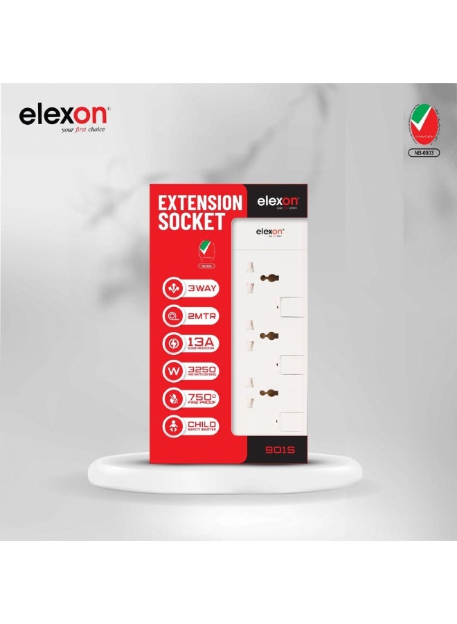 Elexon Universal Power Extension Strip 3 Way, 2 Meter Cord, ESMA Certified Flame-proof Material, Child Safety Shutters, Ideal for Charging Multiple Devices - Image 3