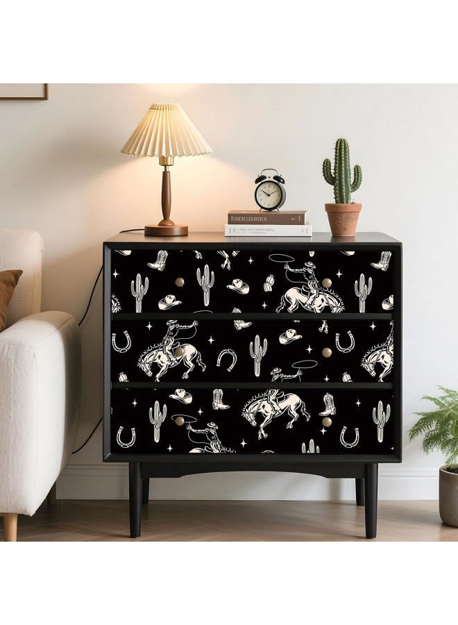 Stickyart Vintage Western Cowboy Wallpaper Peel and Stick Cactus Horseshoe Stars Cowboy Rodeo Wallpaper Self Adhesive Black Beige Western-Themed Contact Paper Removable for Nursery Cabinet 17.5"x80" - Image 4