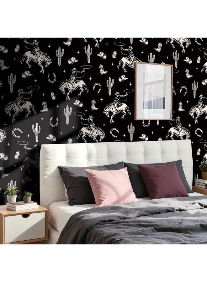 Stickyart Vintage Western Cowboy Wallpaper Peel and Stick Cactus Horseshoe Stars Cowboy Rodeo Wallpaper Self Adhesive Black Beige Western-Themed Contact Paper Removable for Nursery Cabinet 17.5"x80" - Image 3