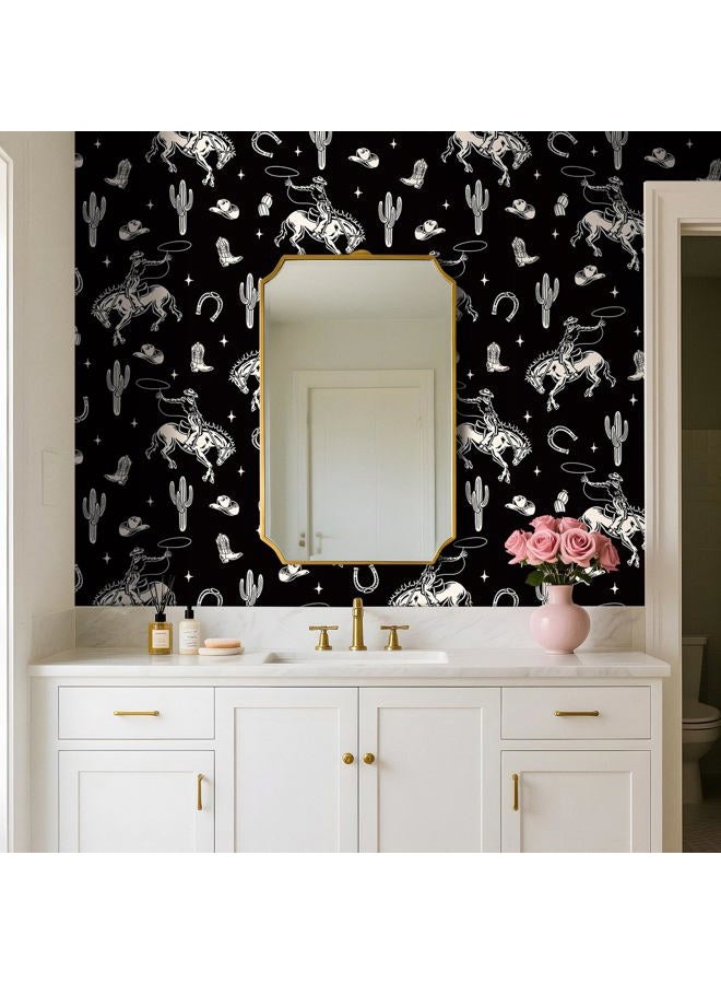 Stickyart Vintage Western Cowboy Wallpaper Peel and Stick Cactus Horseshoe Stars Cowboy Rodeo Wallpaper Self Adhesive Black Beige Western-Themed Contact Paper Removable for Nursery Cabinet 17.5"x80" - Image 5