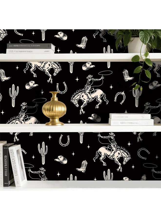 Stickyart Vintage Western Cowboy Wallpaper Peel and Stick Cactus Horseshoe Stars Cowboy Rodeo Wallpaper Self Adhesive Black Beige Western-Themed Contact Paper Removable for Nursery Cabinet 17.5"x80" - Image 2