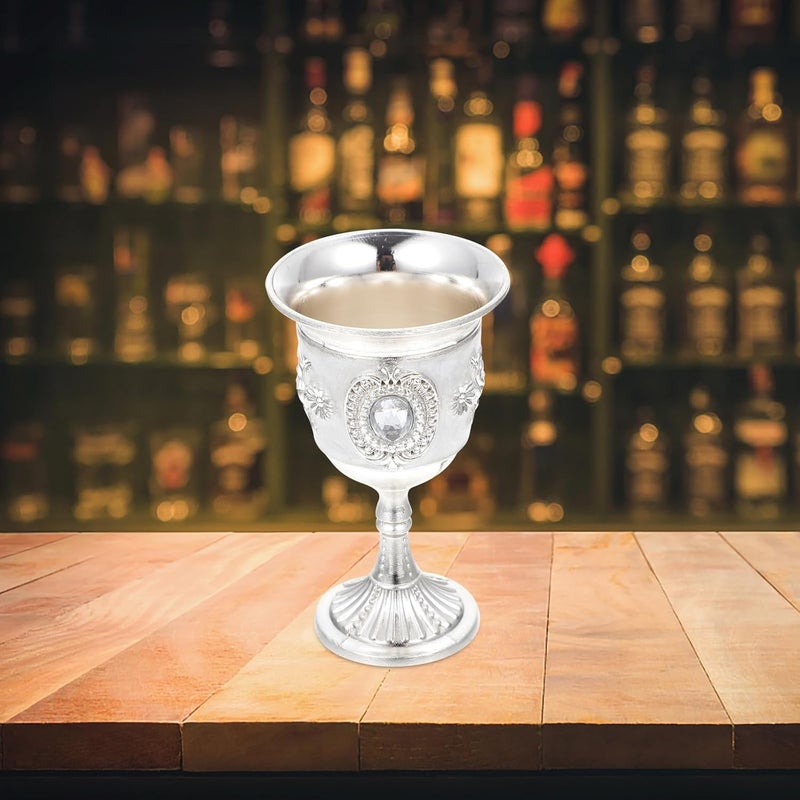 Small European Wine Goblet Metal Stemmed Cup Silver Rose Pattern Home Dining Bar Accessory - Image 5