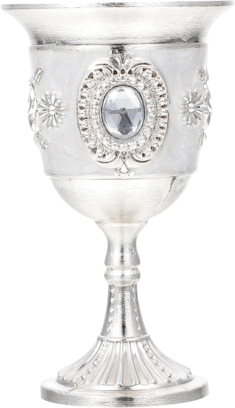 Small European Wine Goblet Metal Stemmed Cup Silver Rose Pattern Home Dining Bar Accessory - Image 1