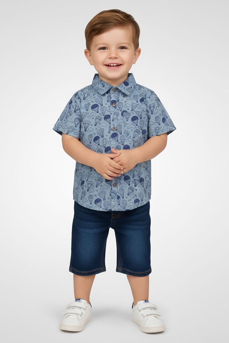 Hamleys Toddlers Boy Short Sleeve Allover Print Casual Shirt, Blue - Image 1