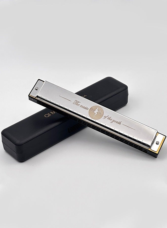 QIMEI 24 Hole Professional Harmonica - Advanced Tremolo Harmonica In Key Of C For Adult & Serious Players, Concert Quality Polyphonic Instrument (Silver) - Image 1