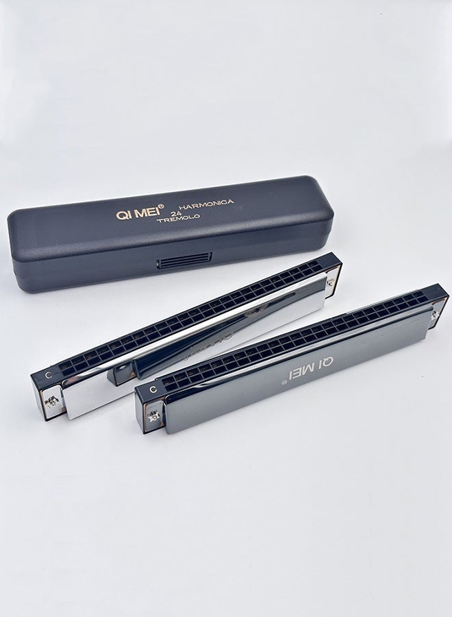 QIMEI 24 Hole Professional Harmonica - Advanced Tremolo Harmonica In Key Of C For Adult & Serious Players, Concert Quality Polyphonic Instrument (Silver) - Image 3