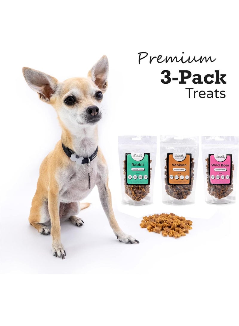 GGOOT Pet Products 100% Pure dried fresh meat Rabbit Venison & Wild Boar | Triple Pack Training Treats for Dogs | 3 x 150g Air-Dried Nibbles Dog Chews  - Image 2