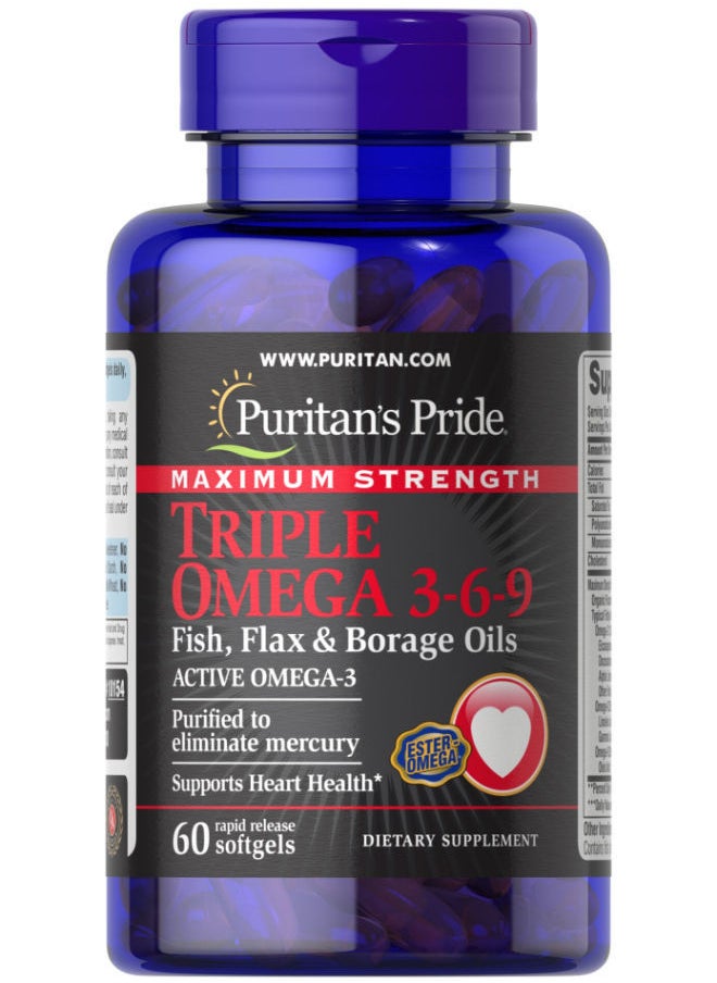 Puritan's Pride - Maximum Strength Triple Omega 3-6-9 Fish, Flax & Borage Oils 60 Softgels - Image 1