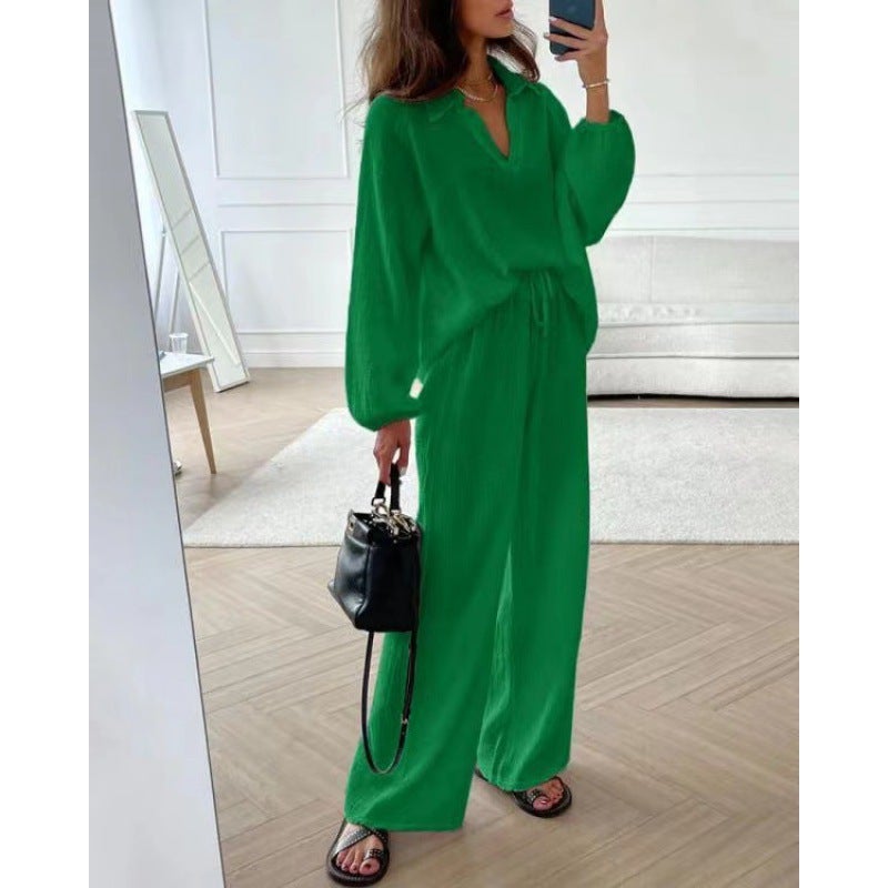 Cotton Linen Set Open Cardigan Long Sleeve Shirt with Pocket Wide Leg Pants Two Piece Set Elegant Commute Style for Women Blue  - Image 2