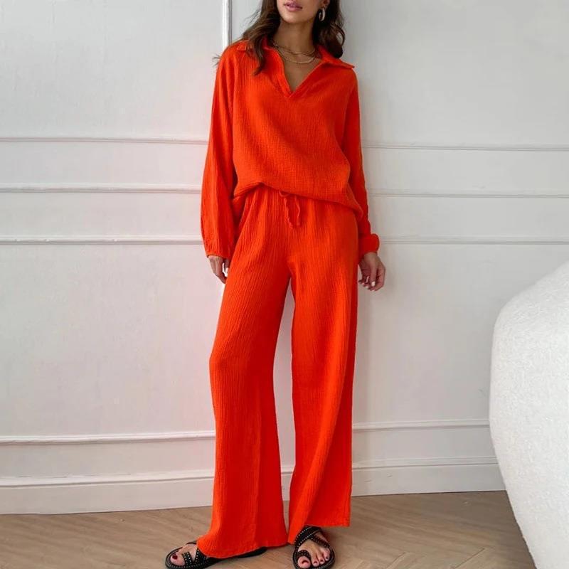 Cotton Linen Set Open Cardigan Long Sleeve Shirt with Pocket Wide Leg Pants Two Piece Set Elegant Commute Style for Women Blue  - Image 4