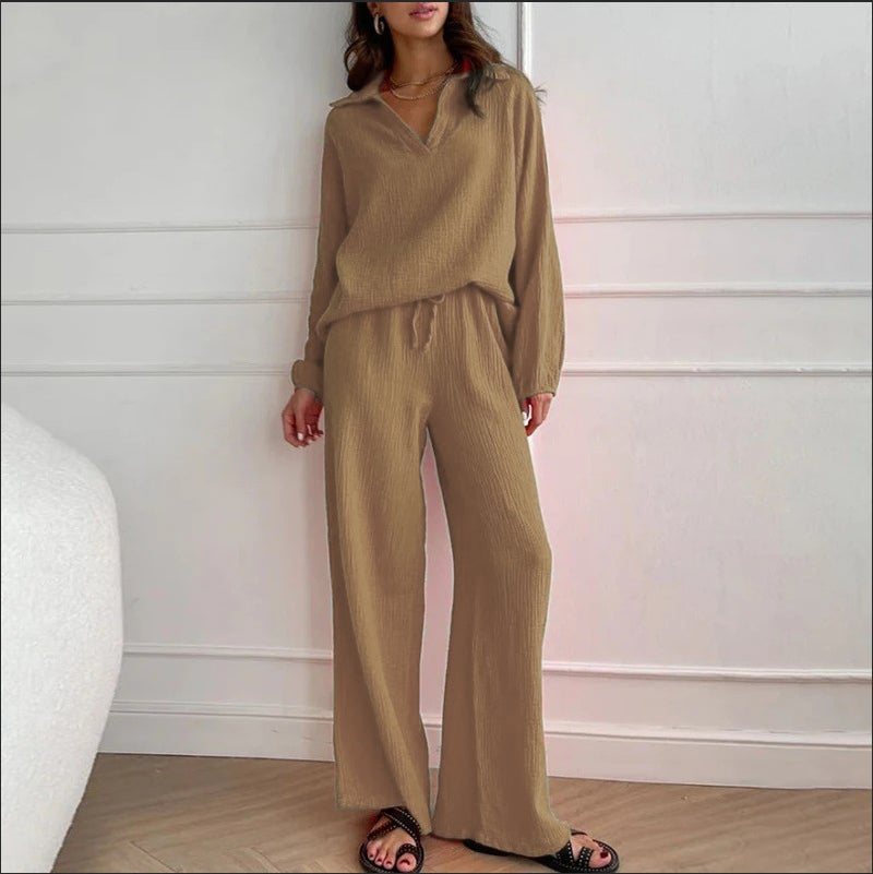 Cotton Linen Set Open Cardigan Long Sleeve Shirt with Pocket Wide Leg Pants Two Piece Set Elegant Commute Style for Women Blue  - Image 3