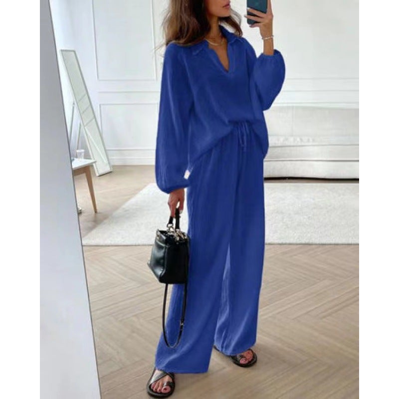 Cotton Linen Set Open Cardigan Long Sleeve Shirt with Pocket Wide Leg Pants Two Piece Set Elegant Commute Style for Women Blue  - Image 1