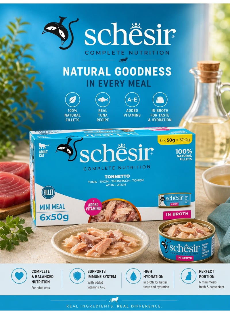 Schesir Cat Mini Meal 6-Pack  – Tuna Fillets in Broth – 100% Natural Ingredients – 300 g (6 x 50 g Cans) - Image 1