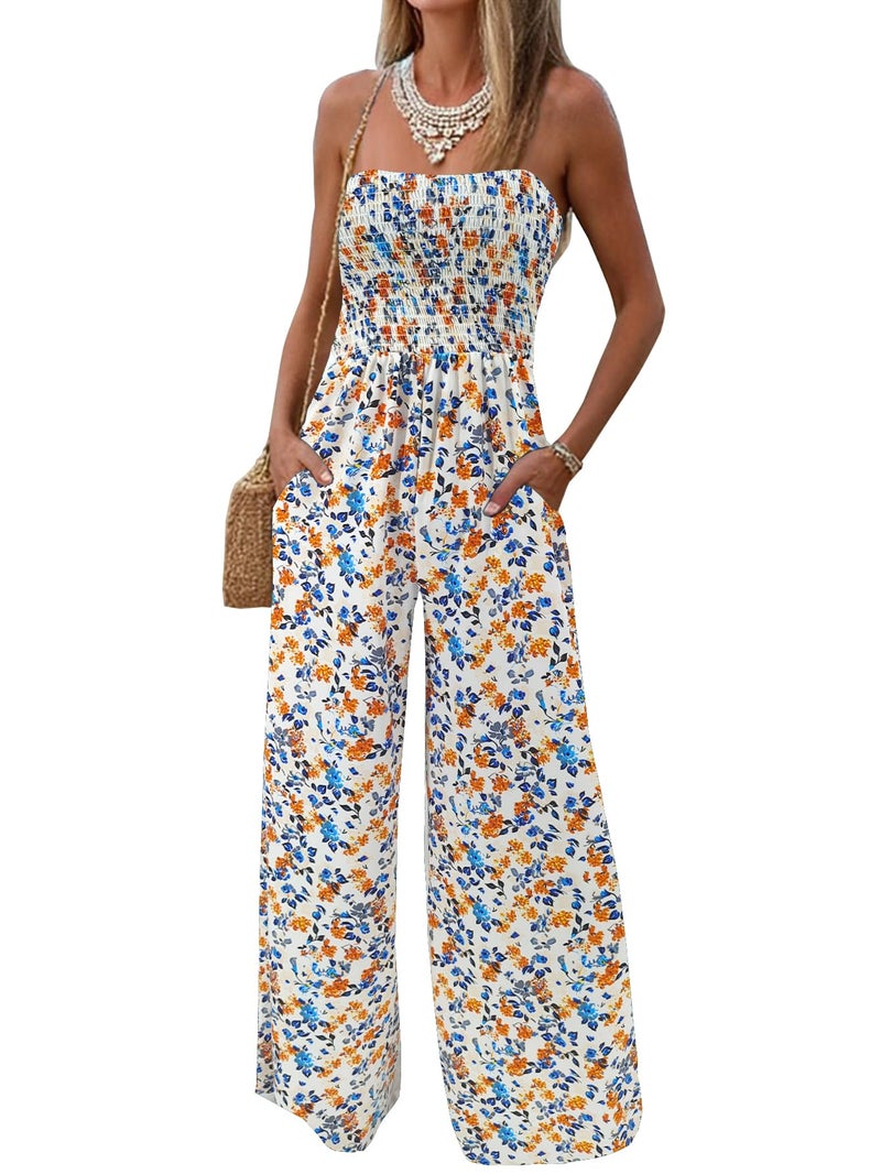 AUXDIO Womens Casual Strapless Summer Jumpsuits Loose Off Shoulder Smocked Sleeveless Wide Leg Romper with Pockets 7 Medium - Image 1