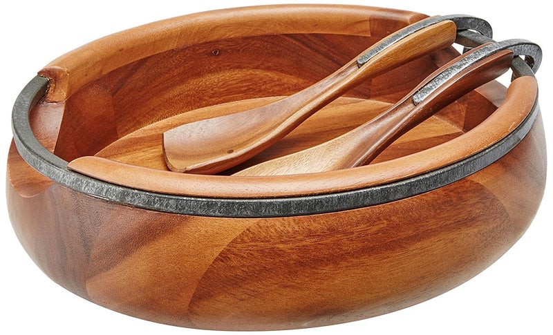 Nambe nambe Anvil Salad Bowl with Servers  Large Wooden Serving Bowl for Fruit Salads  Made of Acacia wood and Iron Finished Nambe Alloy  Designed by Neil Cohen 