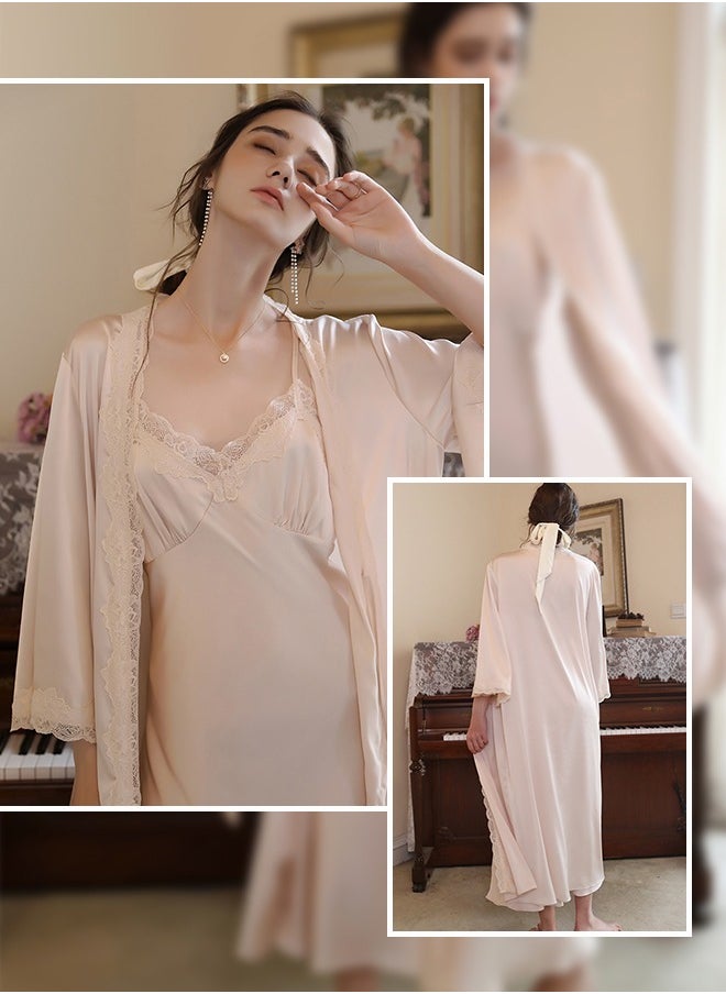 roaiss - 2-Piece Set Women Sweet Nightdress Ice Silk Sling Lace Pajamas Ladies Satin Long Sleeve Robe Loungewear Loose Nightgown with Pad Female Spring Autumn Solid Home Wear - Image 1