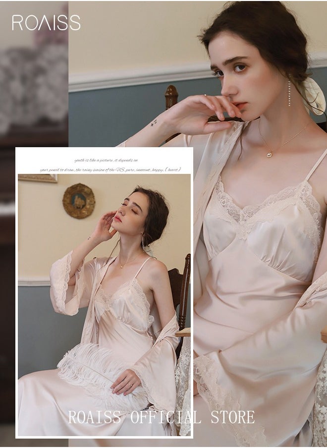 roaiss - 2-Piece Set Women Sweet Nightdress Ice Silk Sling Lace Pajamas Ladies Satin Long Sleeve Robe Loungewear Loose Nightgown with Pad Female Spring Autumn Solid Home Wear - Image 1