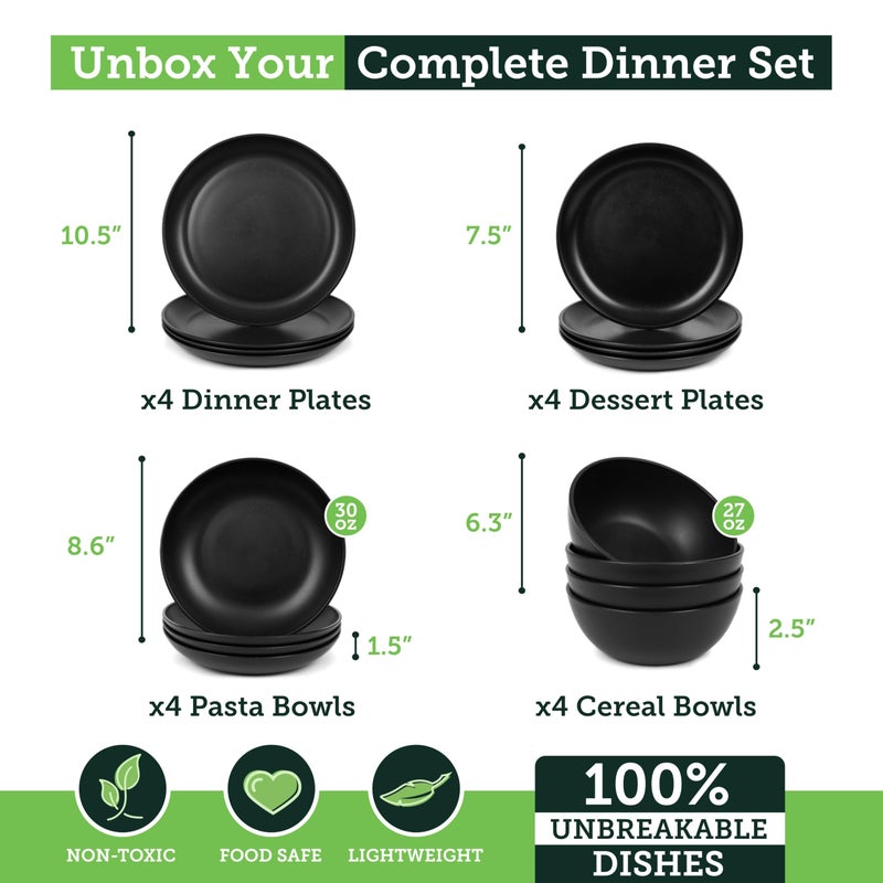Grow Forward 16-piece Premium Wheat Straw Dinnerware Sets for 4 - Unbreakable Dishwasher & Microwave Safe Plastic Plates and Bowls Sets - Patio, Outdoors, RV, Camping Dishes - Midnight - Image 3
