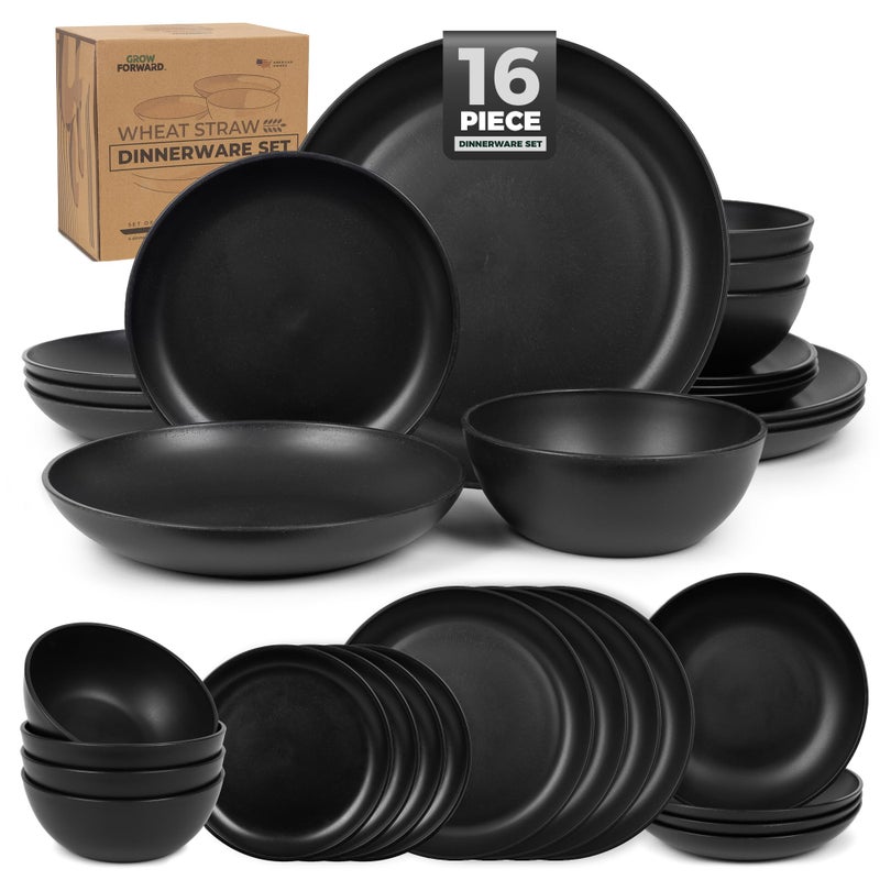 Grow Forward 16-piece Premium Wheat Straw Dinnerware Sets for 4 - Unbreakable Dishwasher & Microwave Safe Plastic Plates and Bowls Sets - Patio, Outdoors, RV, Camping Dishes - Midnight - Image 1