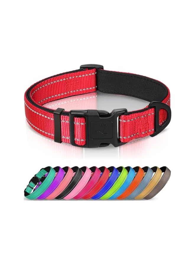 Reflective Dog Collar, Soft Neoprene Padded, Metal D-Ring, Nylon Pet Collar Adjustable for Small Dogs, Red, S - Image 1
