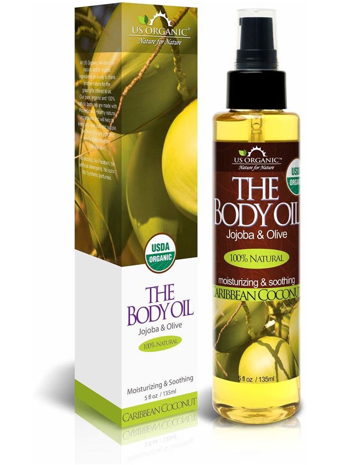 US Organic - Body Oil, Smooth Caribbean Coconut - Jojoba and Olive Oil with Vitamin E, USDA Certified, No Alcohol, Paraben, Artificial Detergents, Color or Synthetic perfume, 5 Fl.oz (Caribbean Coconut) - Image 1