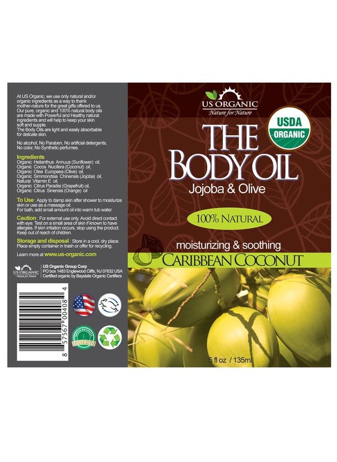 US Organic - Body Oil, Smooth Caribbean Coconut - Jojoba and Olive Oil with Vitamin E, USDA Certified, No Alcohol, Paraben, Artificial Detergents, Color or Synthetic perfume, 5 Fl.oz (Caribbean Coconut) - Image 1