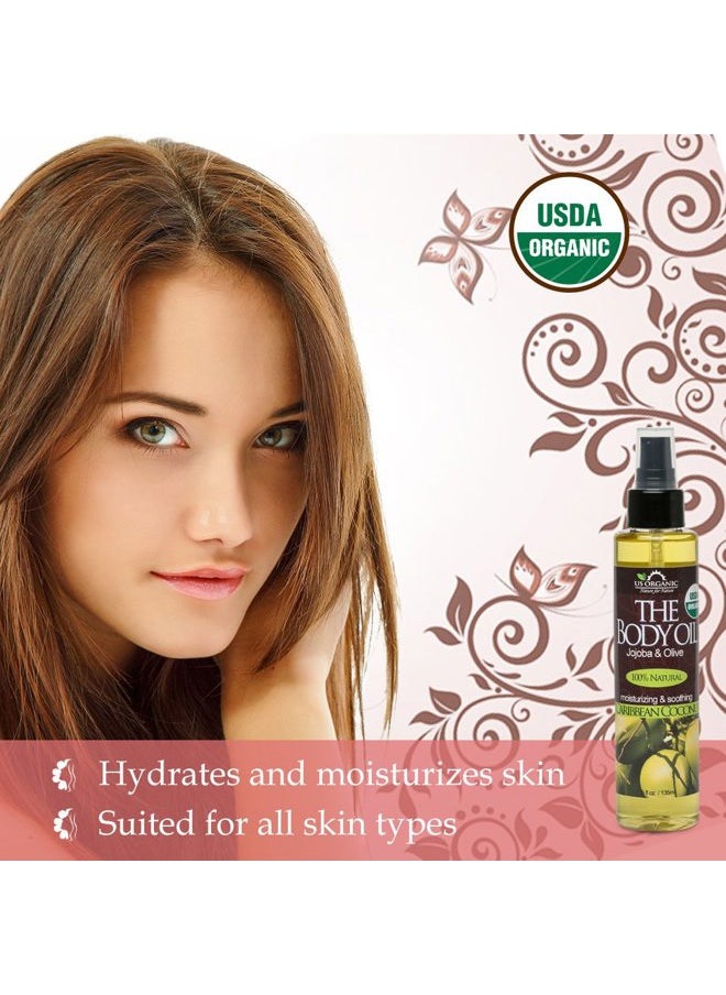 US Organic - Body Oil, Smooth Caribbean Coconut - Jojoba and Olive Oil with Vitamin E, USDA Certified, No Alcohol, Paraben, Artificial Detergents, Color or Synthetic perfume, 5 Fl.oz (Caribbean Coconut) - Image 1
