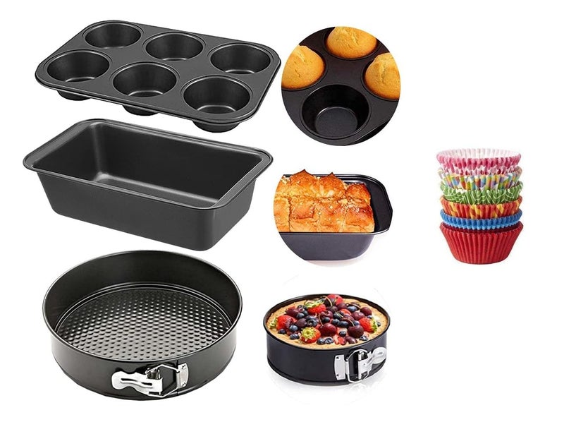 Xacton Cake Baking Set Microwave Safe Utensils 4 pc Combo of Round Cake Mould Cake tin, Bread Moulds for Baking, Muffin Tray, & 100 Pcs Paper Cake Liners I Microwave Oven Accessories Black - Image 1