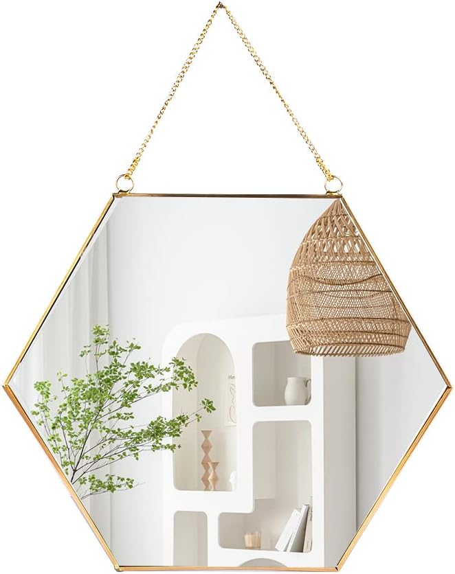 LONGWIN Hanging Wall Hexagon Mirror Decor Gold Geometric Mirror with Chain for Bathroom Bedroom Living Room 11.8"x 10.2" - Image 1