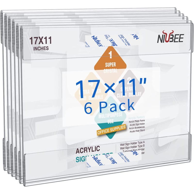 NIUBEE Acrylic Sign Holder 11 x 17 Horizontal Wall Mount Sign Holders Clear Acrylic Frame with Double Sided Tape Clear Poster Frames Plastic Sign Holder for Office, Home, Restaurant, Landscape, 6 Pack - Image 1