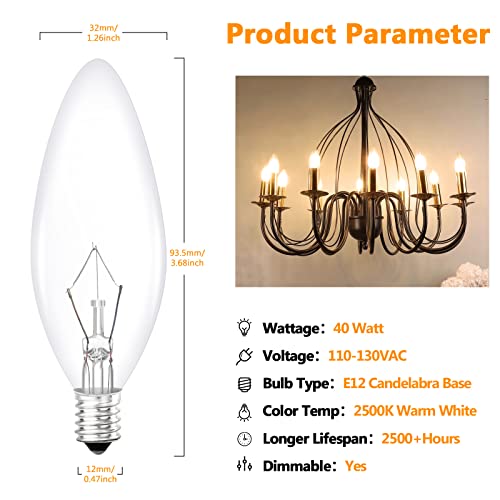 Brightever Vintage Incandescent Light Bulbs 40Watt B10 380 Lumens, Clear Dimmable E12 Edison Candelabra Lightbulbs, Decorative Candle Bulbs for Chandeliers, Ceiling Fan, 2500K Warm White 12-Pack - Image 2