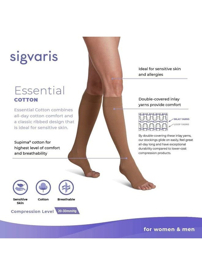 sigvaris جوارب سيغفاريس القطنية الأساسية للرجال والنساء 230 مفتوحة الأصابع بطول الساق 20-30 مم زئبق - بيج فاتح - كبير - Image 2
