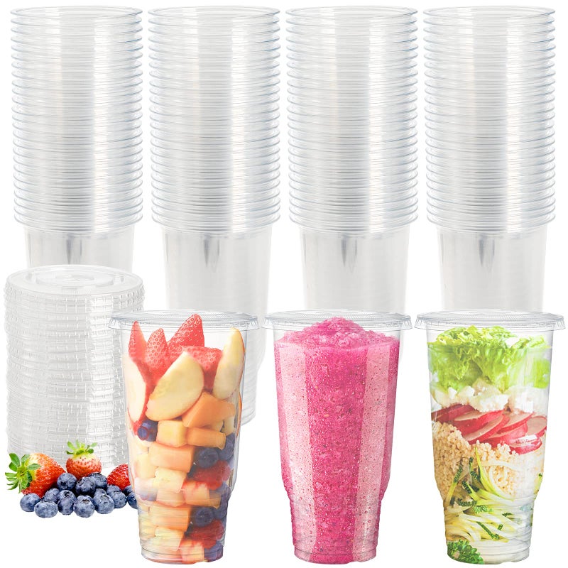TOPZEA 50 Pack Clear Plastic Cup with Flat Lid for Iced Coffee 32oz PE Plastic Drinking Cup Large Disposable Parfait Fruit Cups Perfect for Cold Drink Smoothie Milkshake Dessert