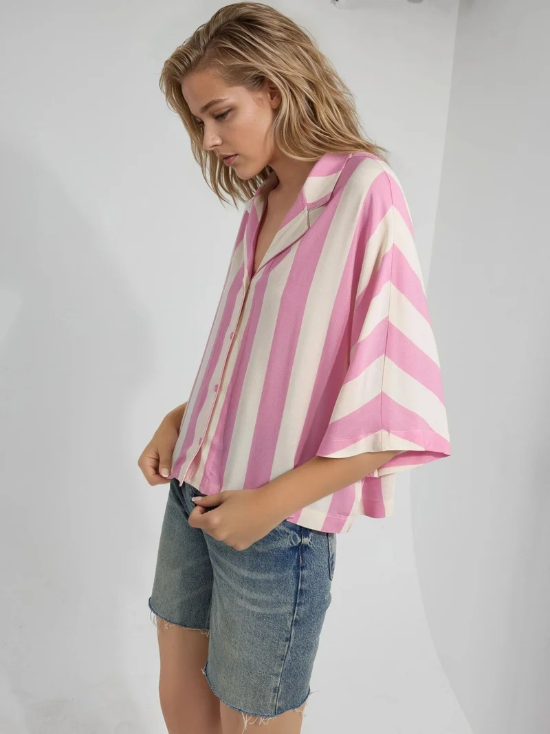 Busem Carnation Pink BUSEM Relaxed Fit Striped Button-Up Shirt for Women | Best Price UAE