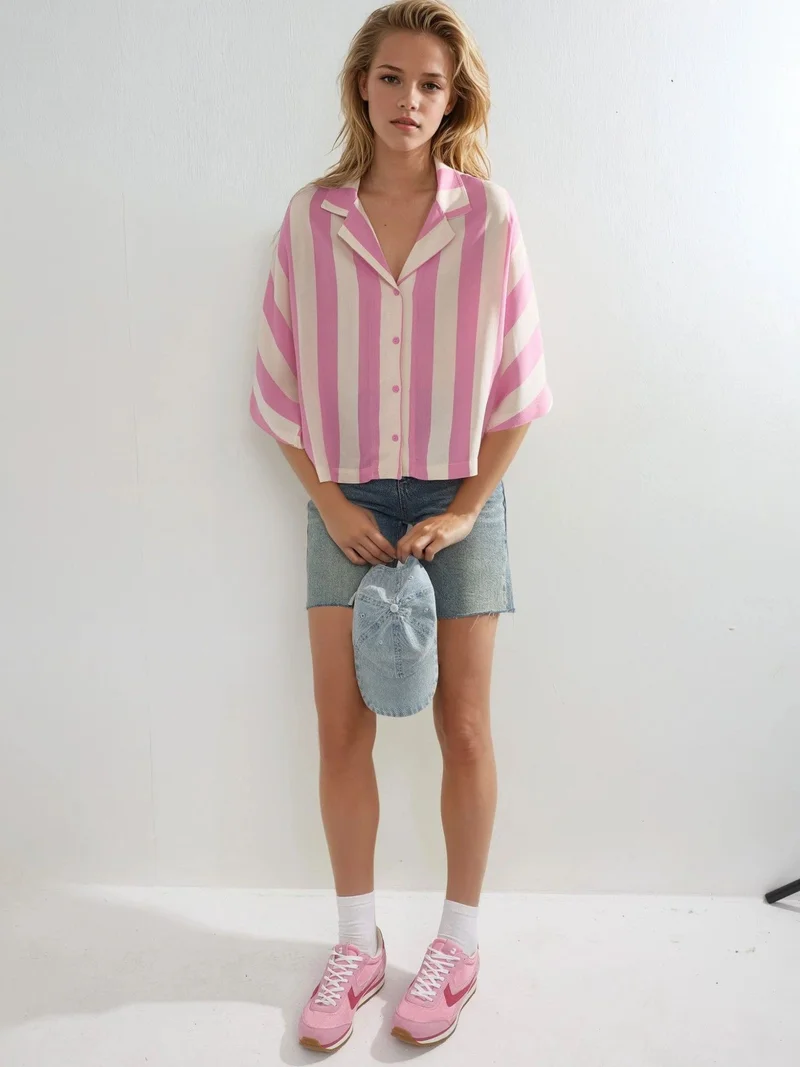 Busem Carnation Pink BUSEM Relaxed Fit Striped Button-Up Shirt for Women | Best Price UAE