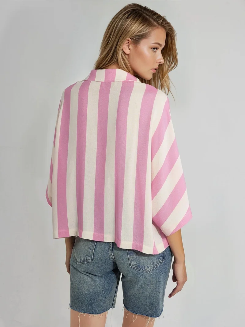 Busem Carnation Pink BUSEM Relaxed Fit Striped Button-Up Shirt for Women | Best Price UAE