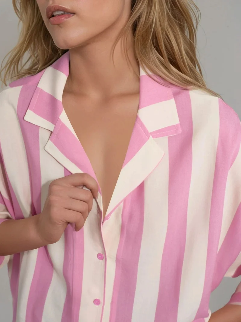 Busem Carnation Pink BUSEM Relaxed Fit Striped Button-Up Shirt for Women | Best Price UAE