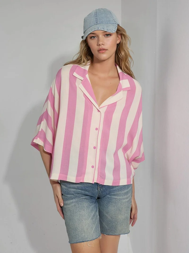 Busem Carnation Pink BUSEM Relaxed Fit Striped Button-Up Shirt for Women | Best Price UAE