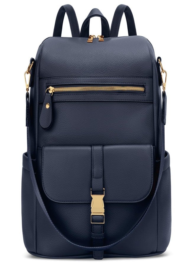 KKXIU Backpack Purse for Women - Multi-pocket Leather backpack for Travel, Work & School with Anti-Theft Lock Pocket, Luggage Strap & Water Bottle Pockets - 13x14x5.2 Inch (Navy) - Image 1