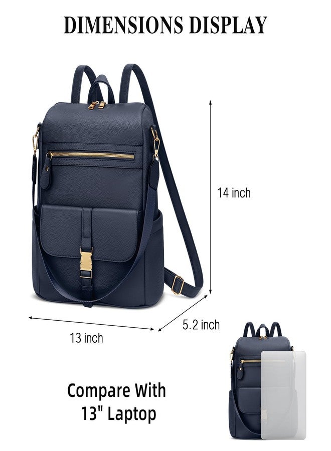 KKXIU Backpack Purse for Women - Multi-pocket Leather backpack for Travel, Work & School with Anti-Theft Lock Pocket, Luggage Strap & Water Bottle Pockets - 13x14x5.2 Inch (Navy) - Image 2