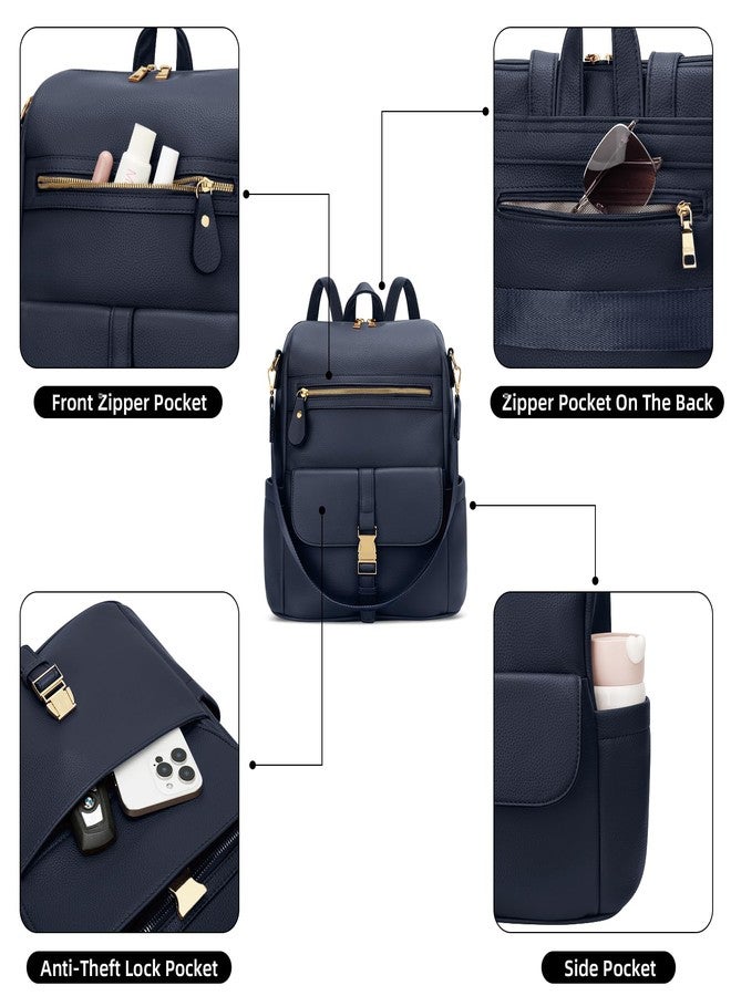 KKXIU Backpack Purse for Women - Multi-pocket Leather backpack for Travel, Work & School with Anti-Theft Lock Pocket, Luggage Strap & Water Bottle Pockets - 13x14x5.2 Inch (Navy) - Image 3