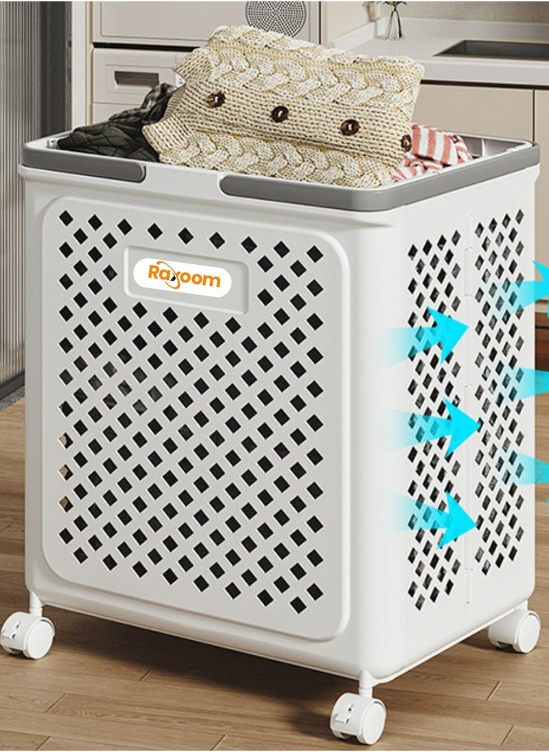 Raxoom - Foldable Laundry Basket For Dirty Clothing Storage With 4 Tier Wheels Cloth Storage or Multi Purpose Storage Organizer 36*28*49CM (white) - Image 1