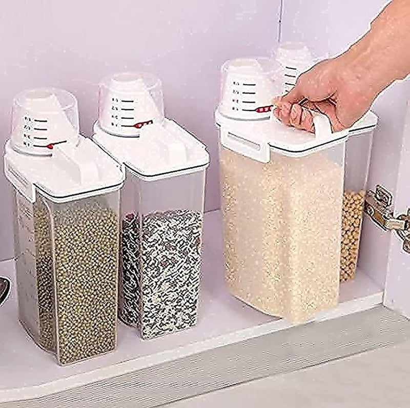 Premify 4pcs Cereal  Dry Food Storage Containers with Measuring Cup Airtight Plastic Kitchen Storage Organizer Clear Food Storage Box for Flour Sugar Rice