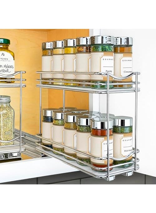 LYNK PROFESSIONAL LYNK PROFESSIONAL Pull Out Spice Rack Organizer for Inside Kitchen Cabinets  414 inch Wide  Slide Out Drawer  Chrome Sliding Spice Cabinet Organization Shelf Racks  2 Tier 