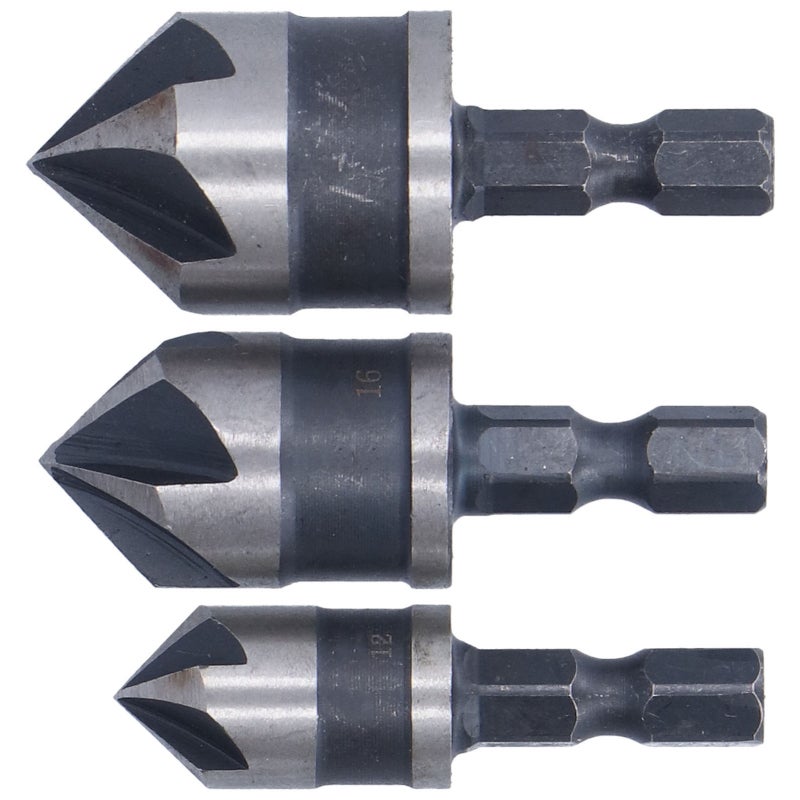 HOTECHE 5-Flute CounterSink Drill Bit Set 12mm 16mm 19mm Hex Shank High Speed Steel - Chamfer Tool for Wood and Plastic Boards - Image 2