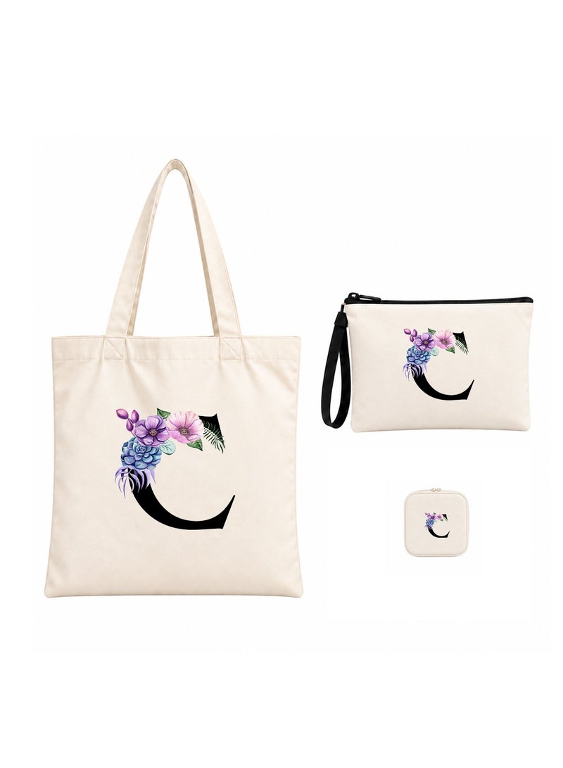 برينت شوب فور مي مجموعة هدايا (حرف مزين بالزهور): حقيبة تسوق (Tote Bag) + حقيبة صغيرة (Pouch) + علبة مجوهرات (3 في 1) - Image 1