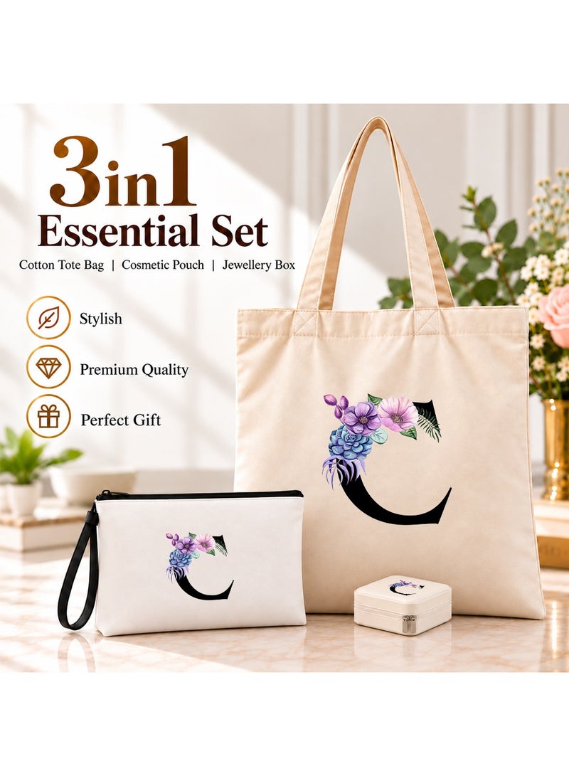 برينت شوب فور مي مجموعة هدايا (حرف مزين بالزهور): حقيبة تسوق (Tote Bag) + حقيبة صغيرة (Pouch) + علبة مجوهرات (3 في 1) - Image 2