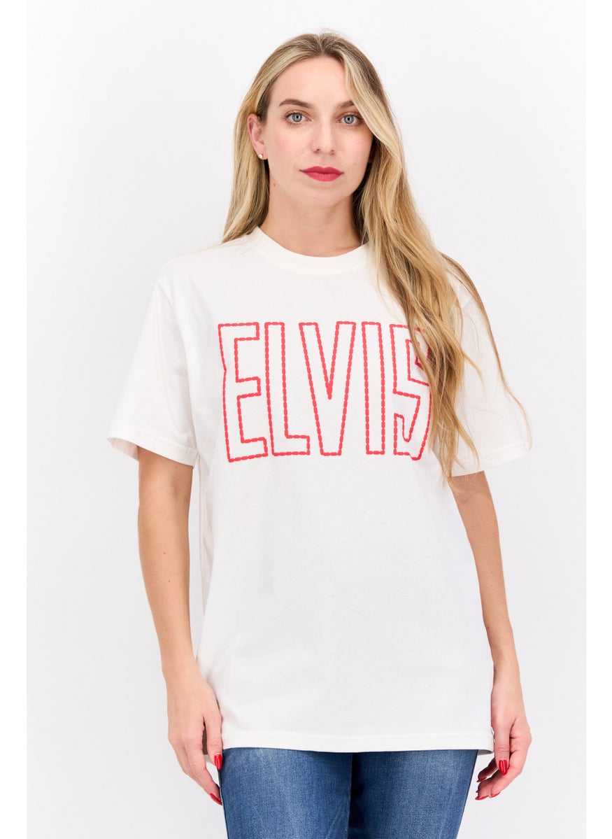 ELVIS Women Crew Neck Short Sleeves Brand Logo T-Shirt, Off White  - Image 1