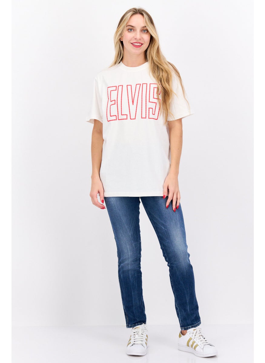 ELVIS Women Crew Neck Short Sleeves Brand Logo T-Shirt, Off White  - Image 4